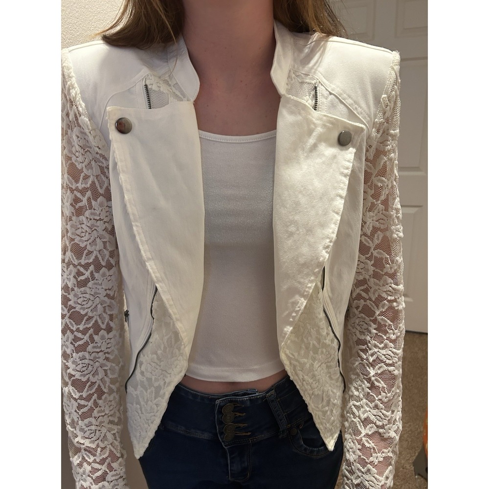 Material Girl Cream Lace Moto Jacket Silver Zipper XL Festival Biker 80s 90s